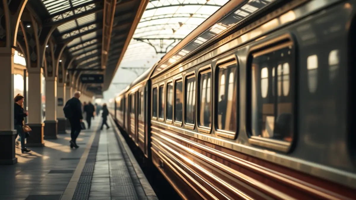 Image of a classic train at a Madrid station, ready to depart.