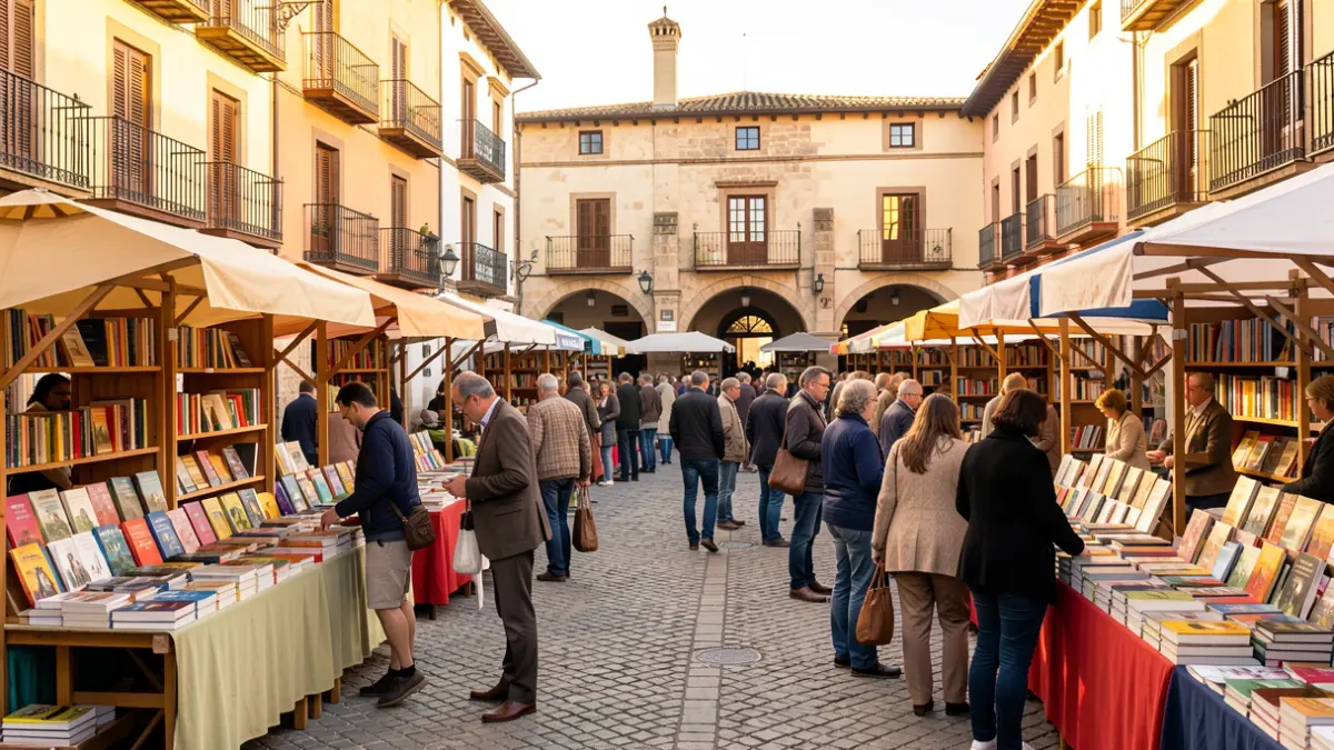 Generic image of an outdoor book fair in a Spanish plaza.
