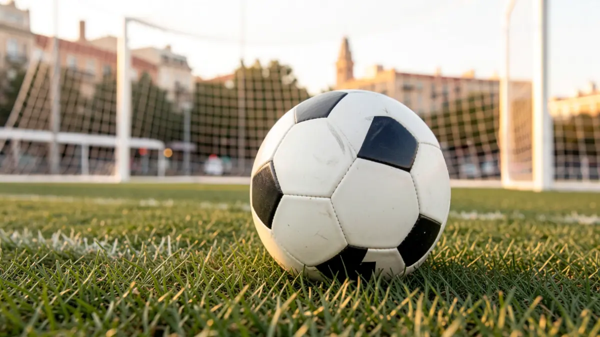 Generic image of a soccer ball on grass with the goal blurred.