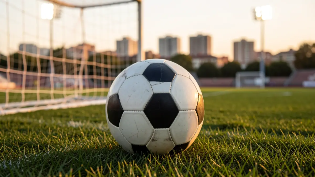 Generic image of a soccer ball on grass in a stadium.