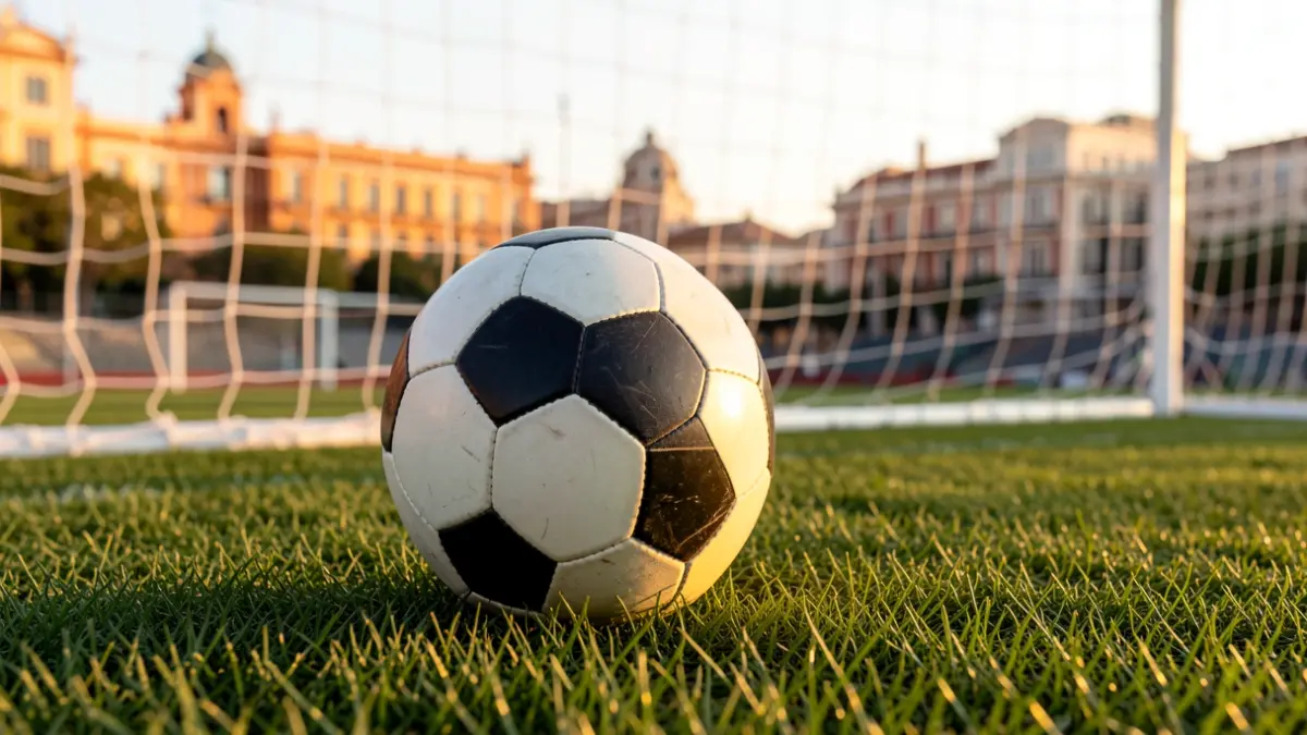 Close-up of a soccer ball on grass with the goal net blurred in the background.
