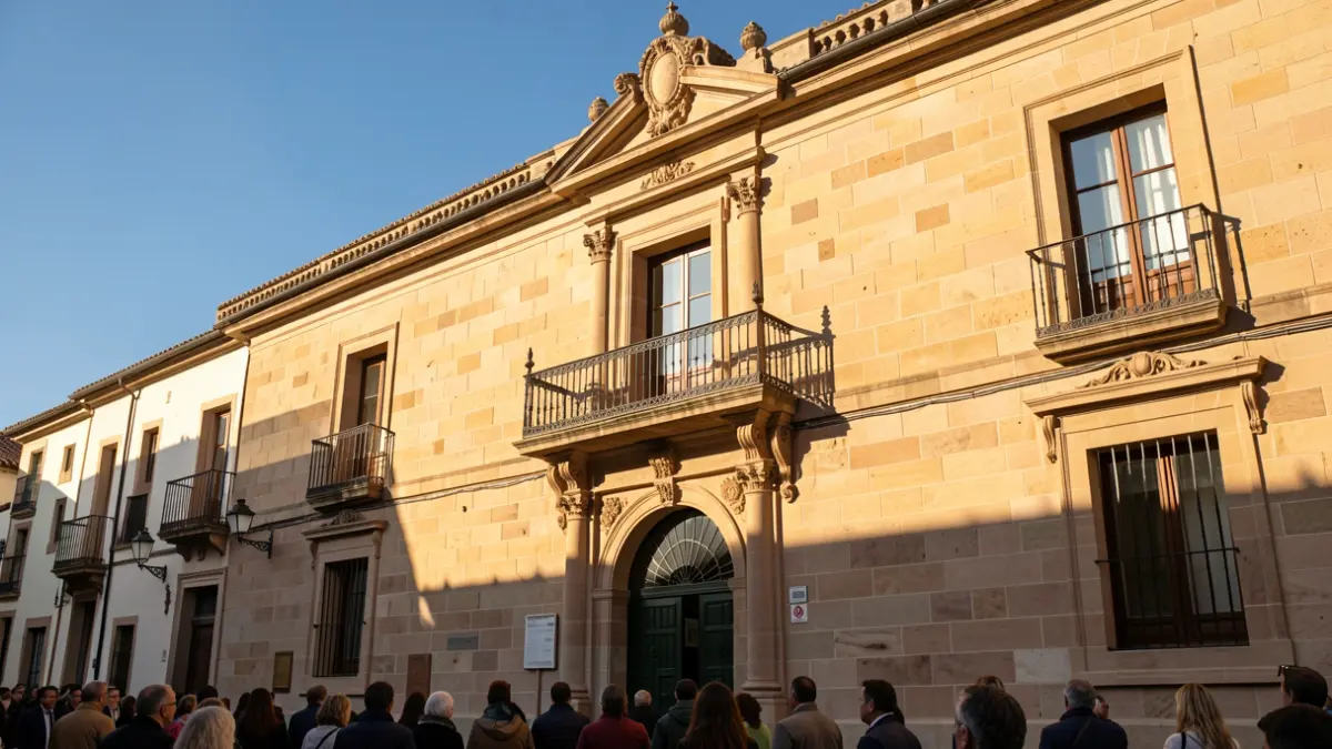 Facade of a traditional Spanish town hall with a balcony and iron railings, under the afternoon sunlight.