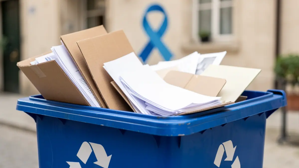 Contenedor azul lleno de papel y cartón con un símbolo de premio de reciclaje.
