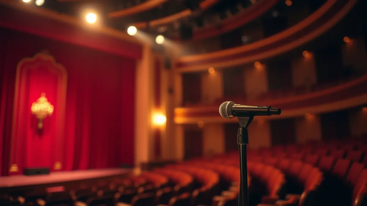 Imagen genérica de un escenario de teatro con un micrófono y asientos vacíos, iluminado por un foco.