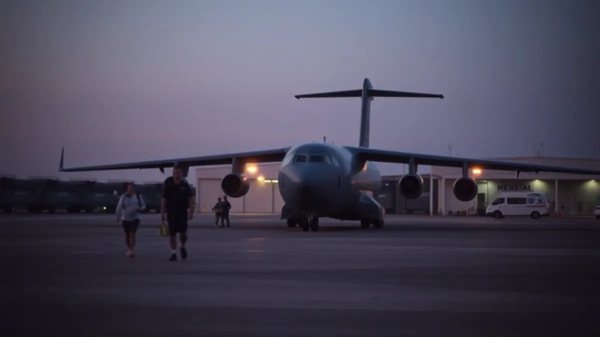 Imagen de un avión militar en una pista de aterrizaje al anochecer, con figuras borrosas dirigiéndose hacia una instalación médica.