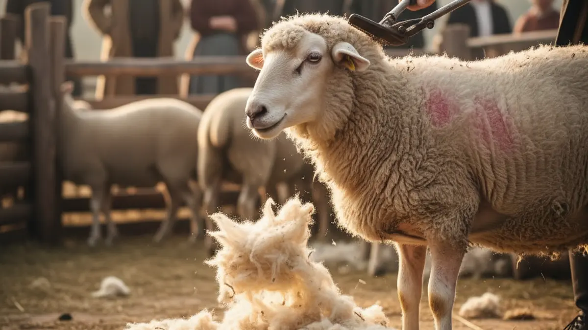 Image of a sheep being shorn on a farm.