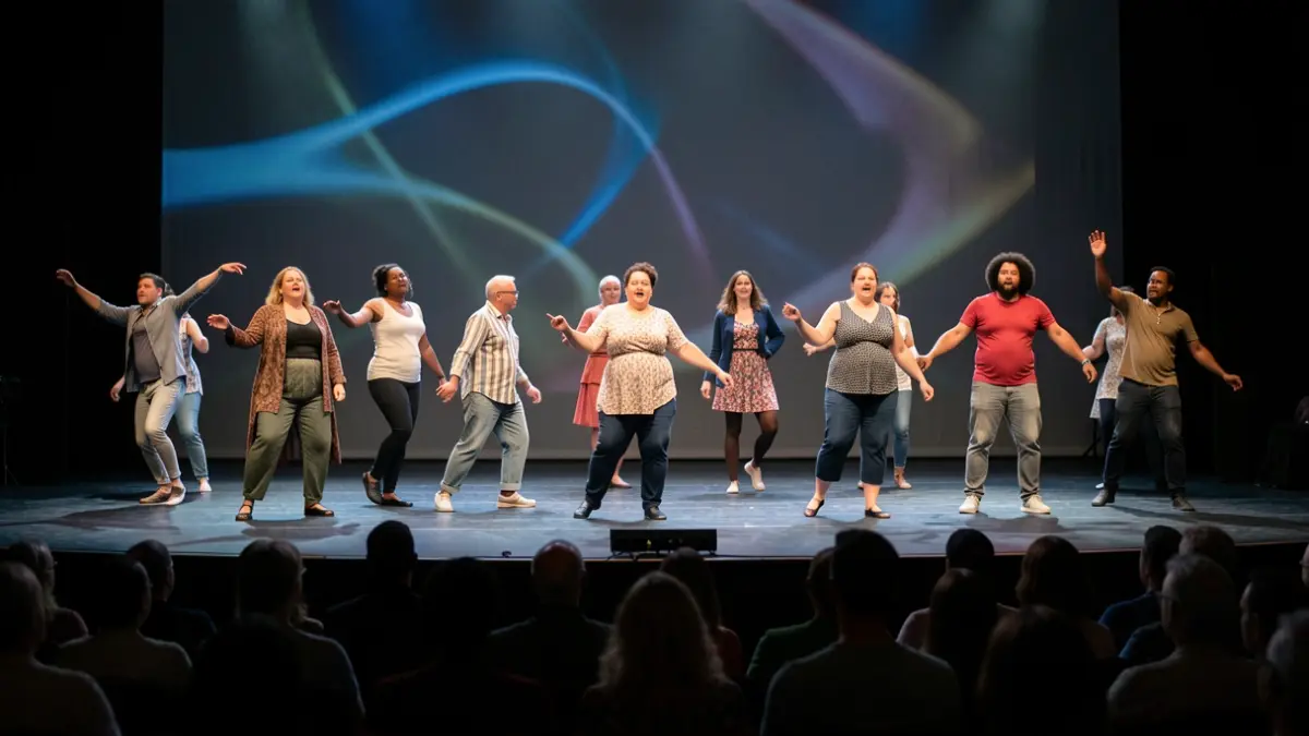 Imagen genérica de bailarines con cuerpos diversos en un escenario.