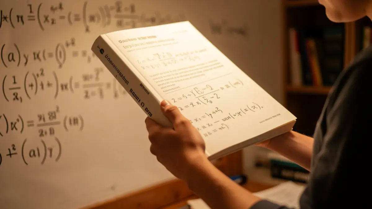 Mano de un estudiante sosteniendo un libro de matemáticas con ecuaciones complejas desenfocadas al fondo.