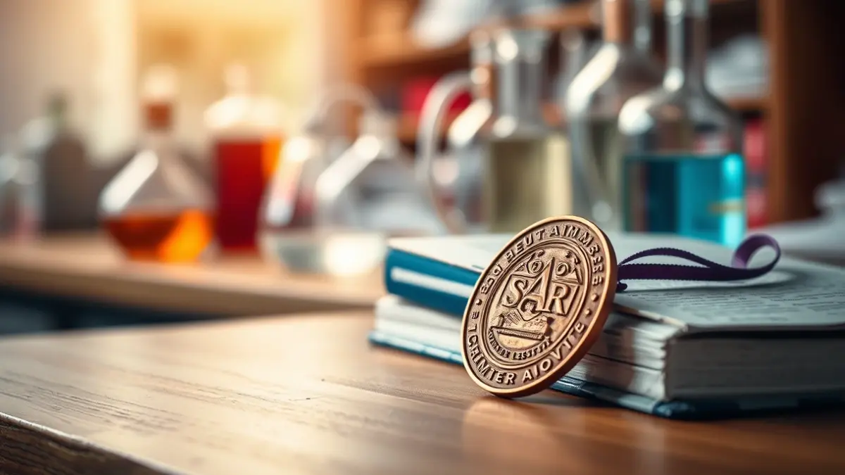 Generic image of a bronze medal on a desk, symbolizing an academic achievement.