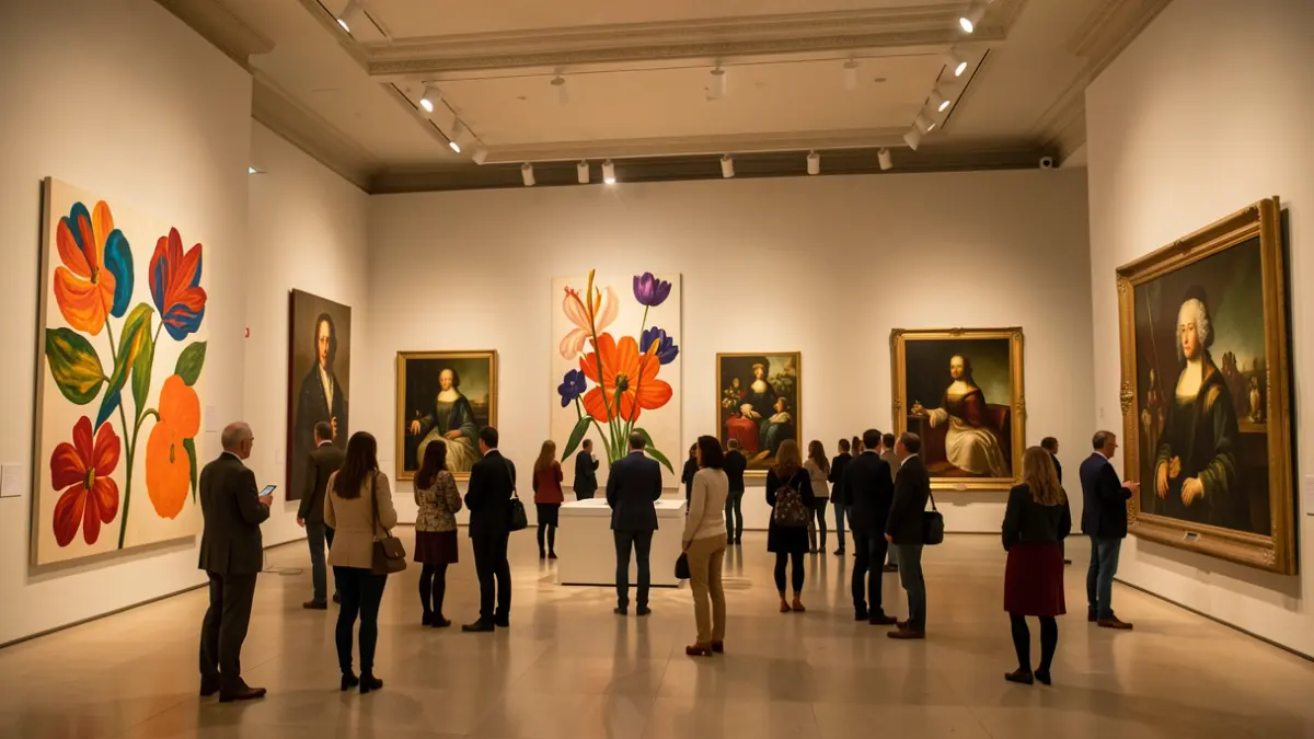 Contemporary art exhibition at the Thyssen-Bornemisza Museum in Madrid featuring altered portraits.
