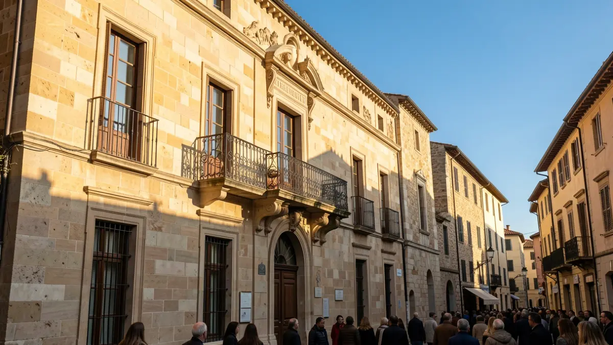 Facade of a stone town hall with a balcony and iron railings, afternoon sunlight.