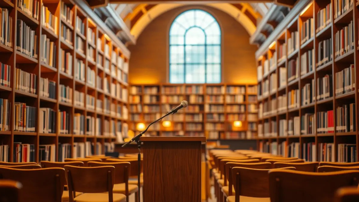 Imagen genérica de un interior de museo o biblioteca con estanterías y luz cálida.