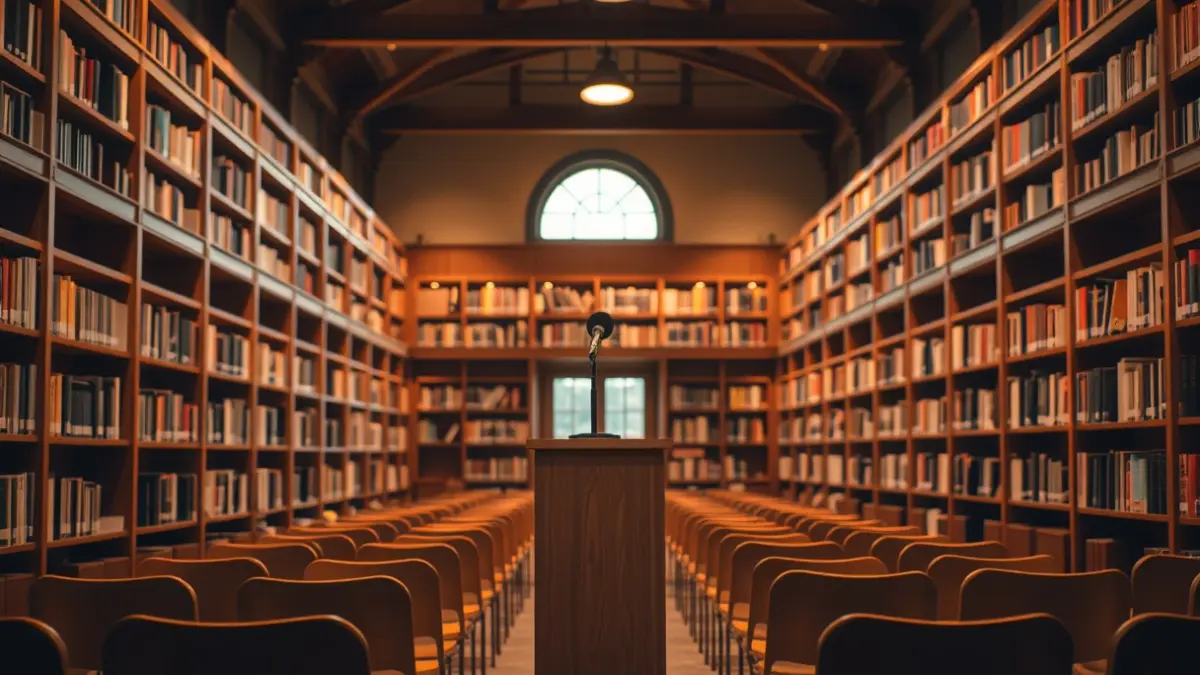 Generic image of a library interior with wooden bookshelves and a podium with a microphone, warmly lit.