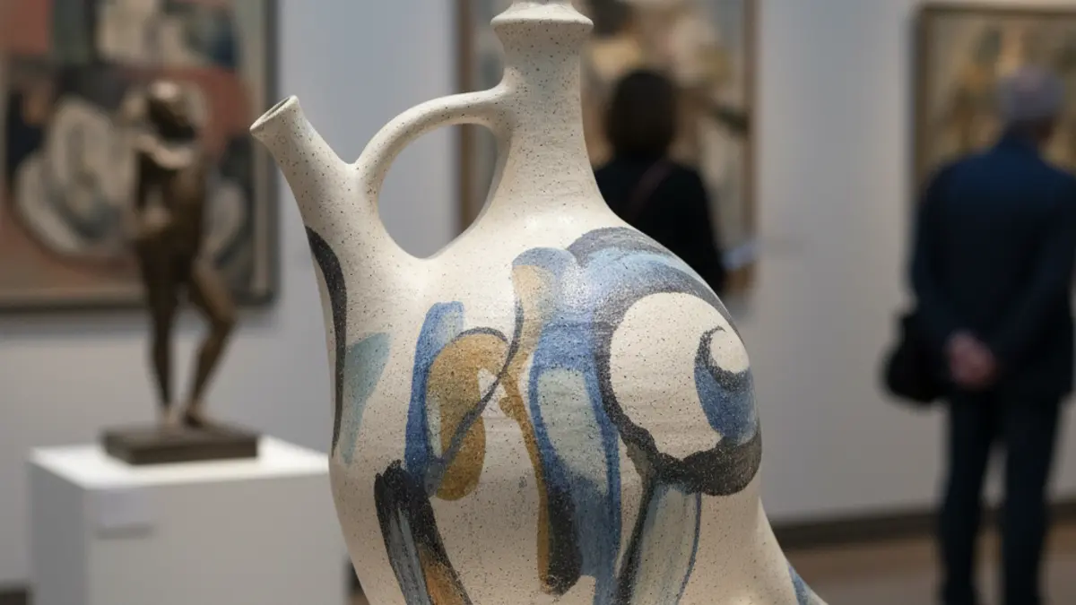 Imagen de un botijo moderno en una exposición de cerámica.