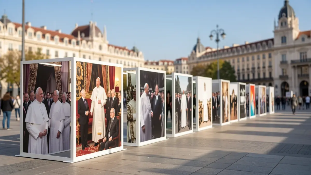 Photographic exhibition on Paseo de Recoletos in Madrid about papal visits.
