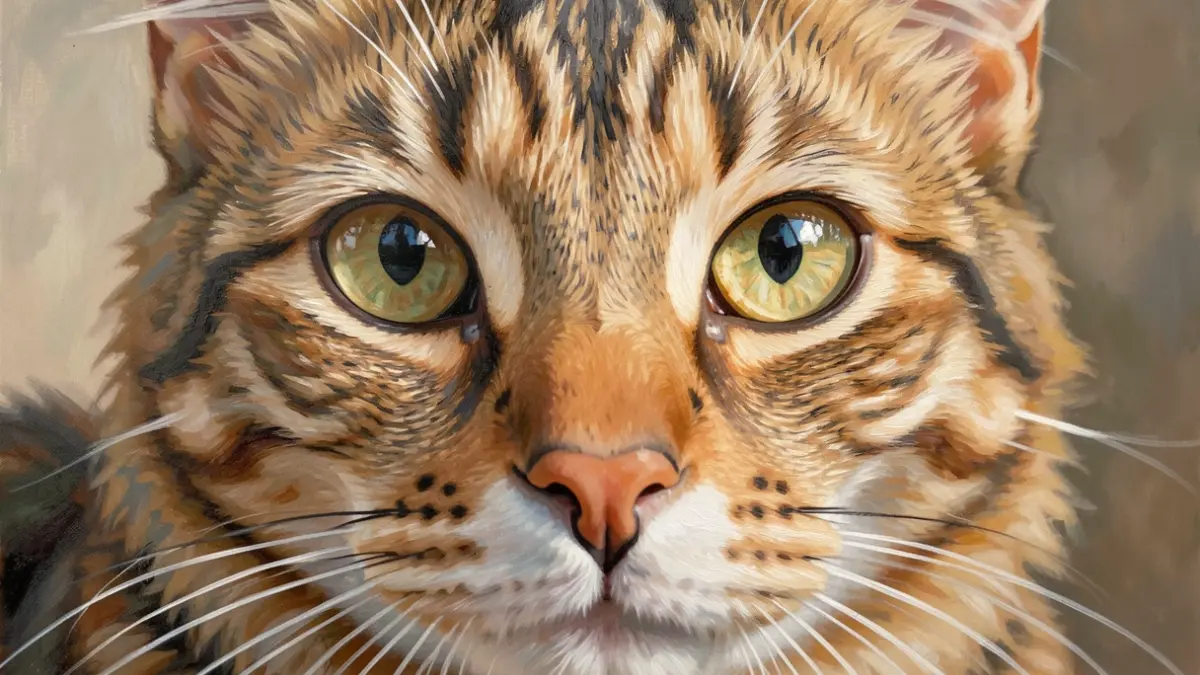 Close-up of a cat's gaze, rendered in various painting styles.