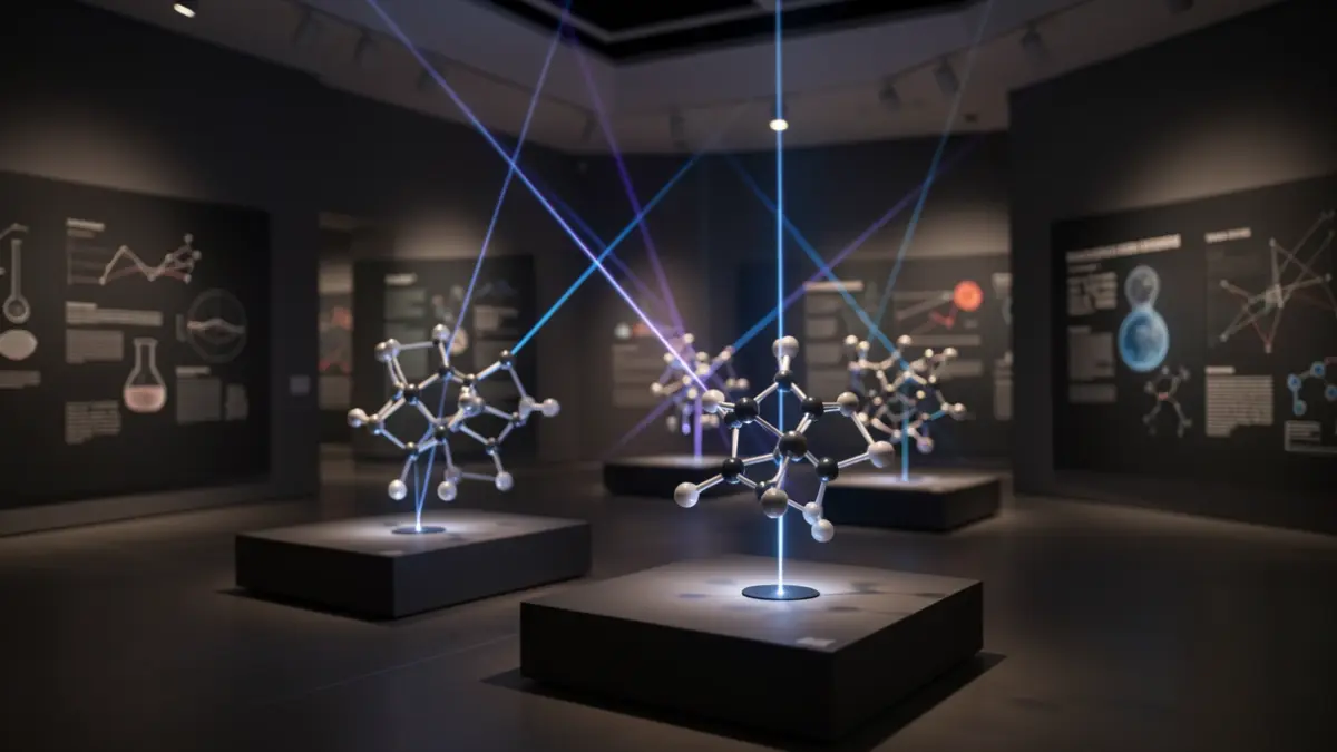 Imagen de una exposición sobre física cuántica con estructuras moleculares y haces de luz.