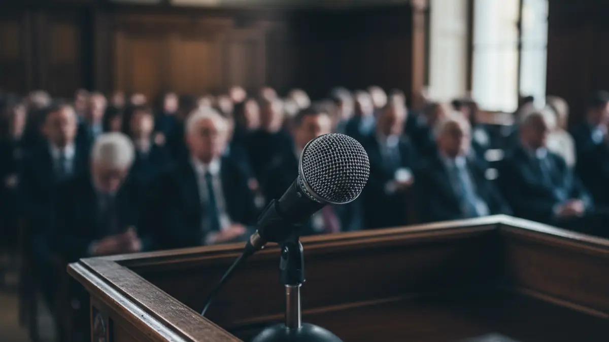 Generic image of a microphone on a podium, symbolizing a political debate or press conference.