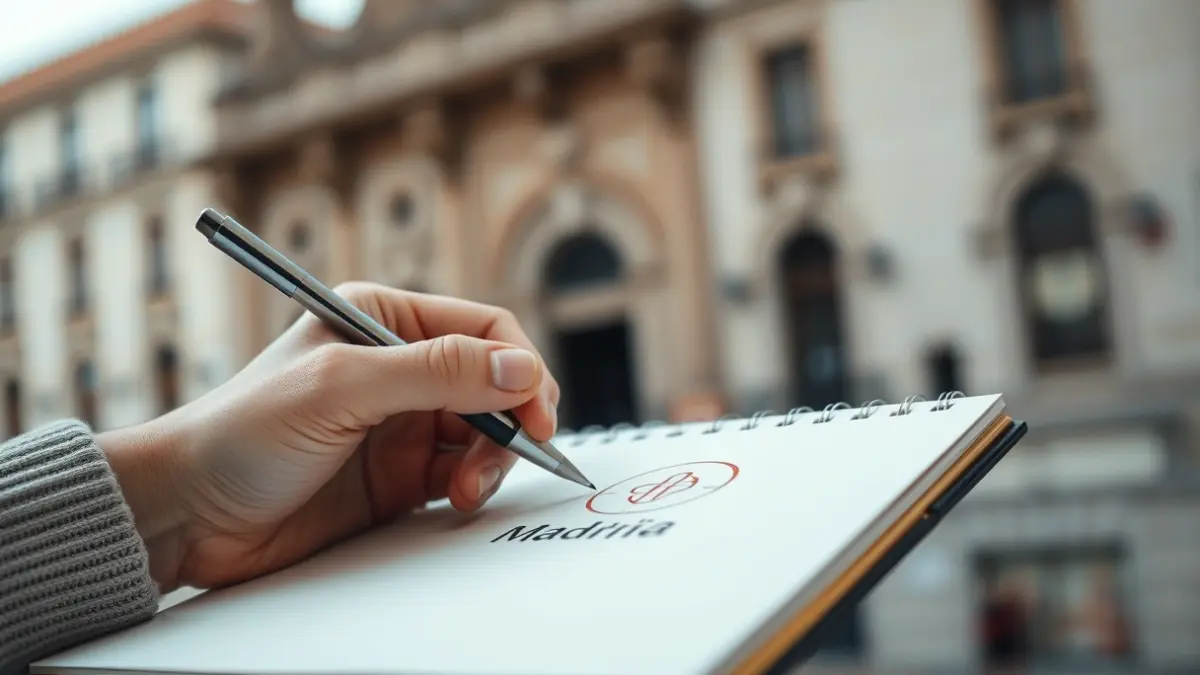 Imagen de un diseñador trabajando en un logotipo, con elementos arquitectónicos de Madrid de fondo.