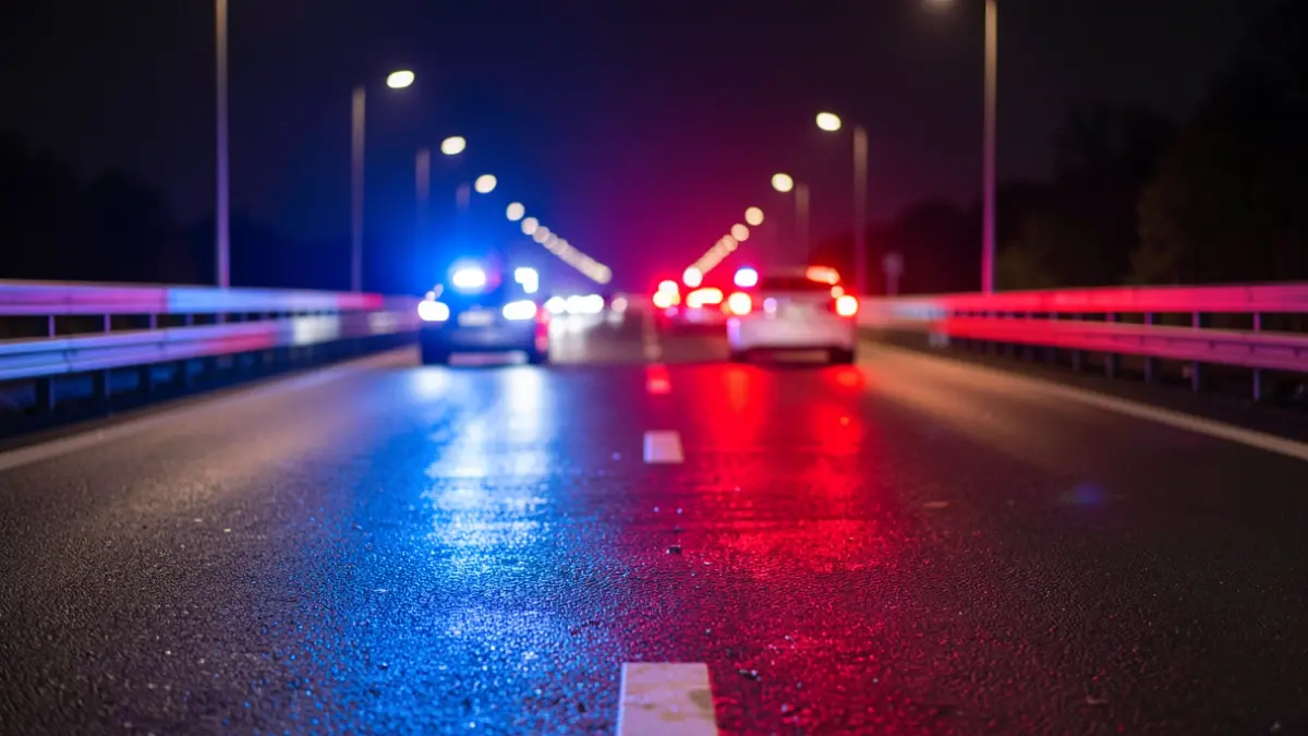 Generic image of emergency lights reflecting on asphalt at night.