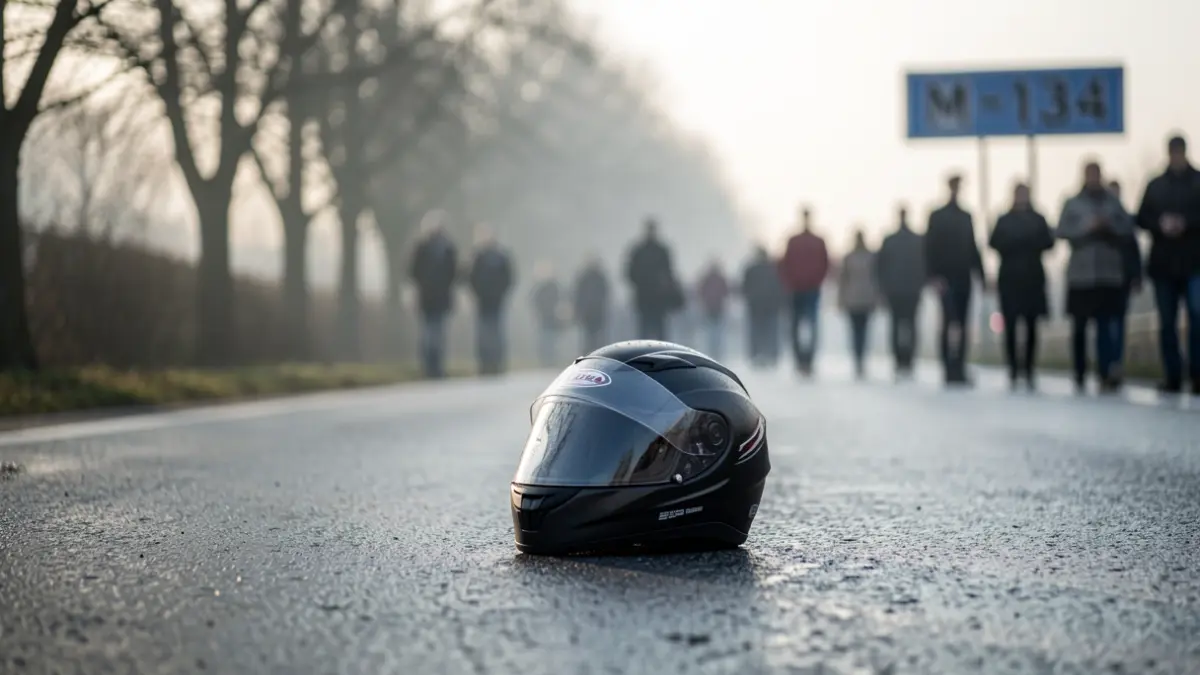 Lone motorcycle helmet on a wet road at dawn.