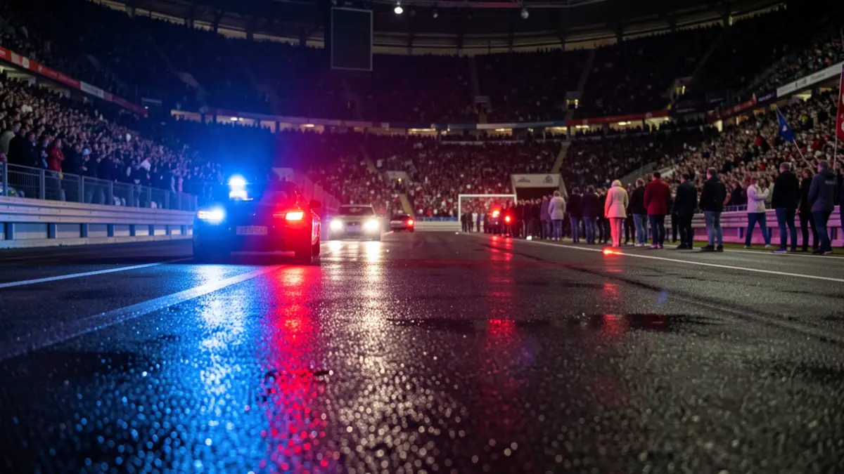 Generic image of emergency lights reflecting on wet asphalt inside a sports arena.