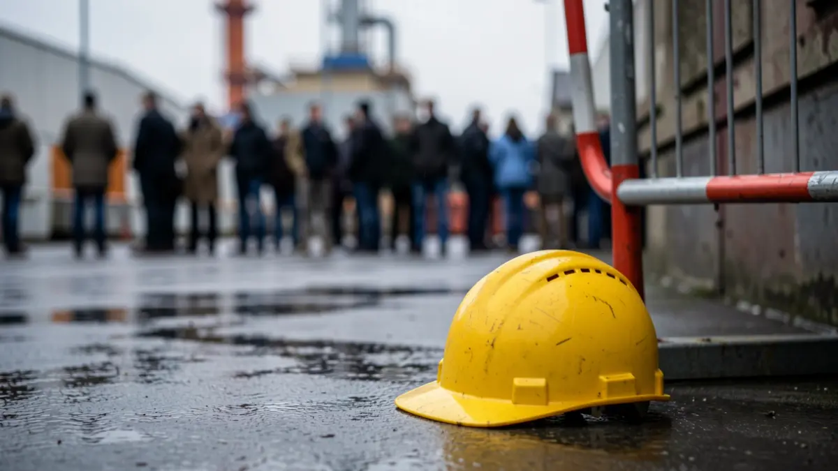 Construction helmet on a dark surface with a safety barrier.