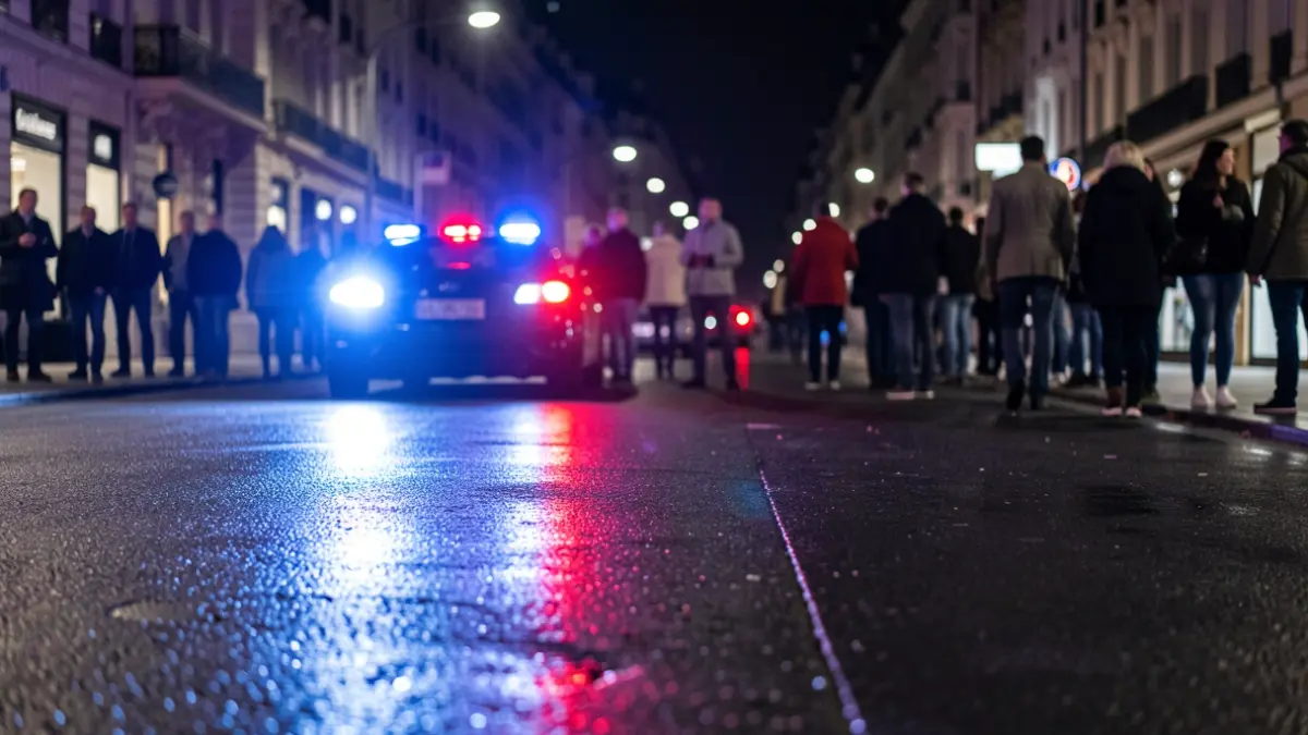 Imagen genérica de luces de emergencia azules y rojas reflejándose en el asfalto mojado por la noche.