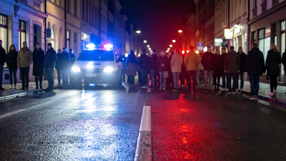 Generic image of emergency lights reflecting on wet asphalt at night.