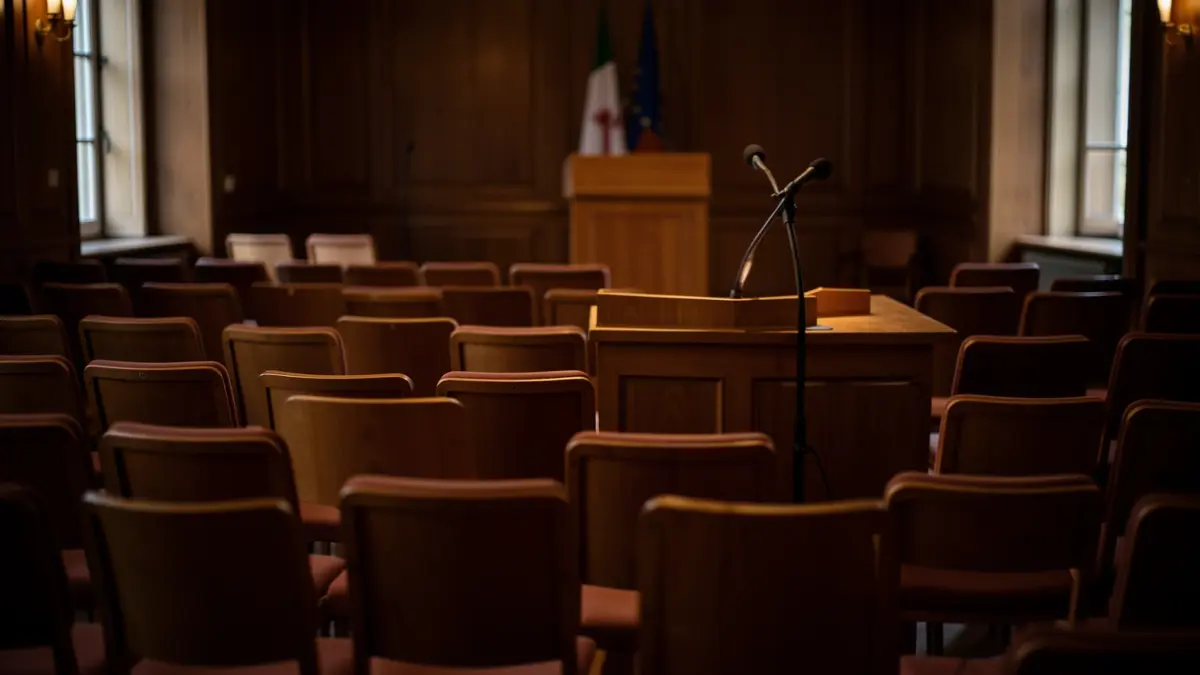 Generic image of a podium with a microphone in an empty conference room.