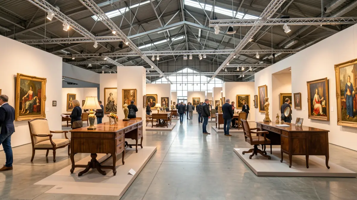 Interior de la feria Feriarte en IFEMA Madrid con obras de arte y antigüedades.