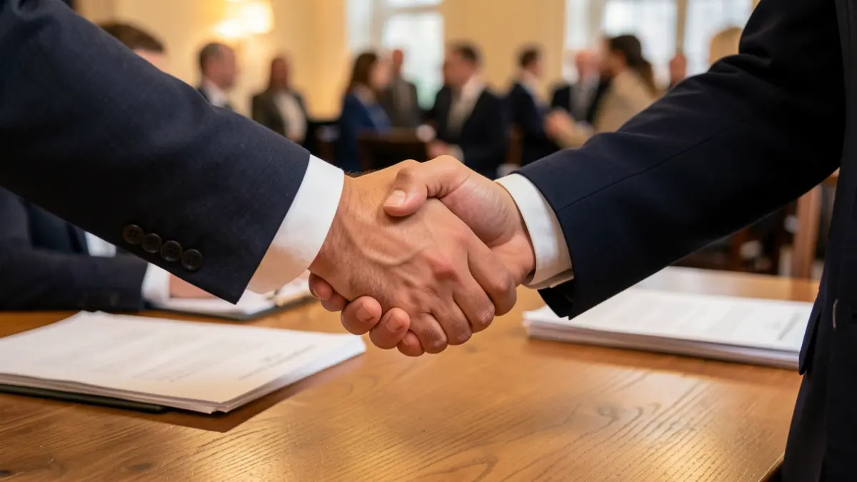 Generic image of a professional handshake in an office setting.
