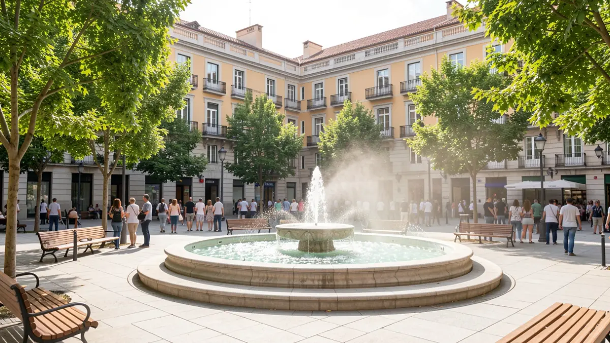 The renovated Plaza del Rastrillo in Madrid featuring new urban furniture, trees, and a fountain.