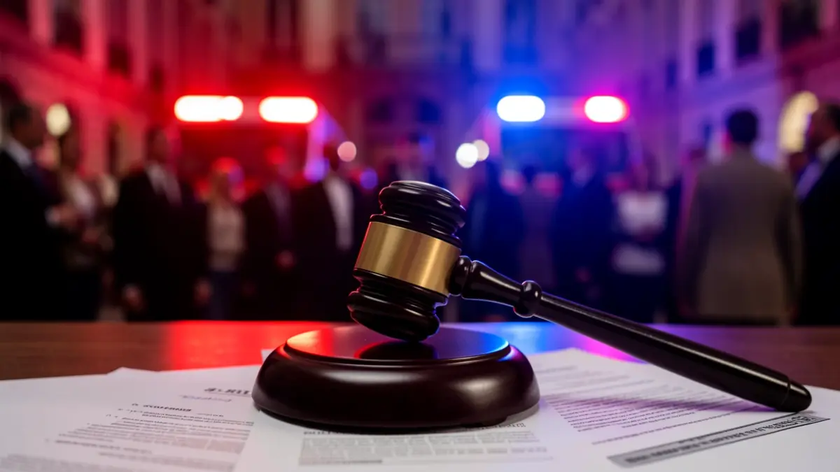 Imagen genérica de un mazo de juez sobre documentos legales con luces de emergencia de fondo.