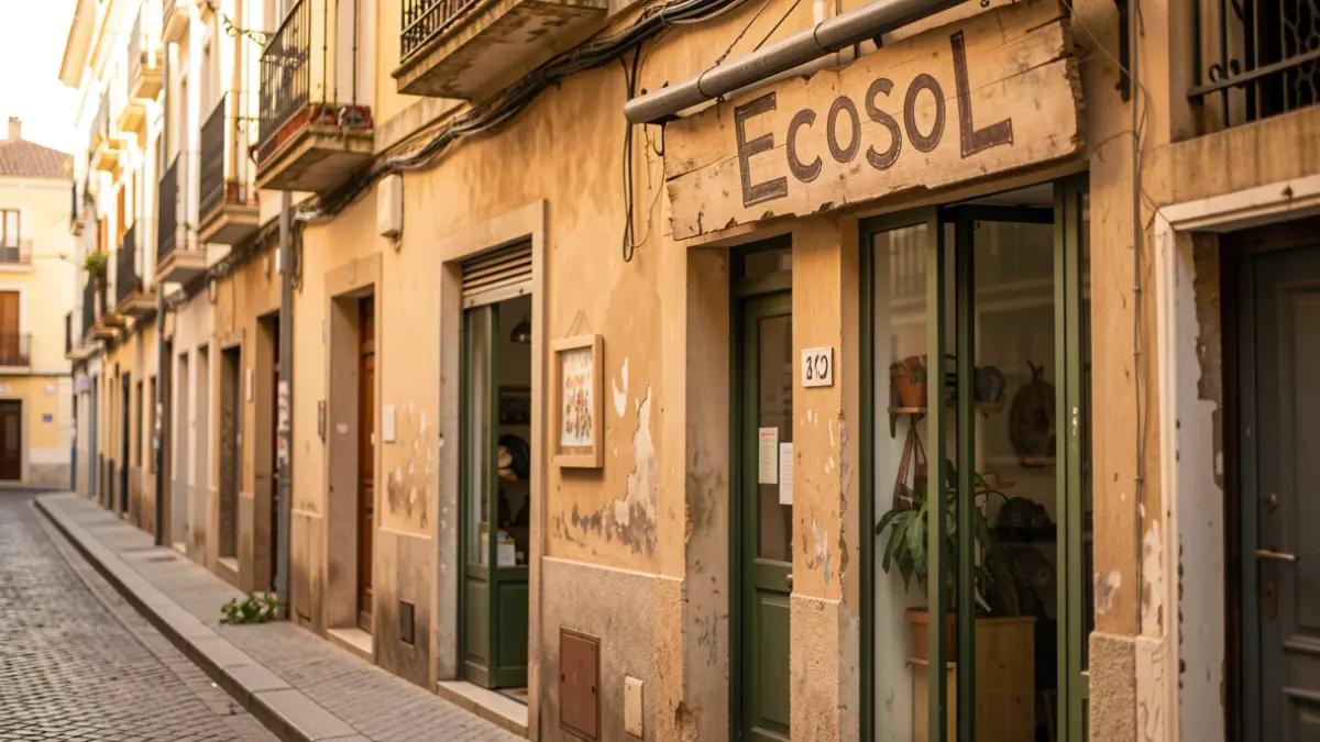 Facade of a commercial premises with the Ecosol cooperative sign in Madrid.