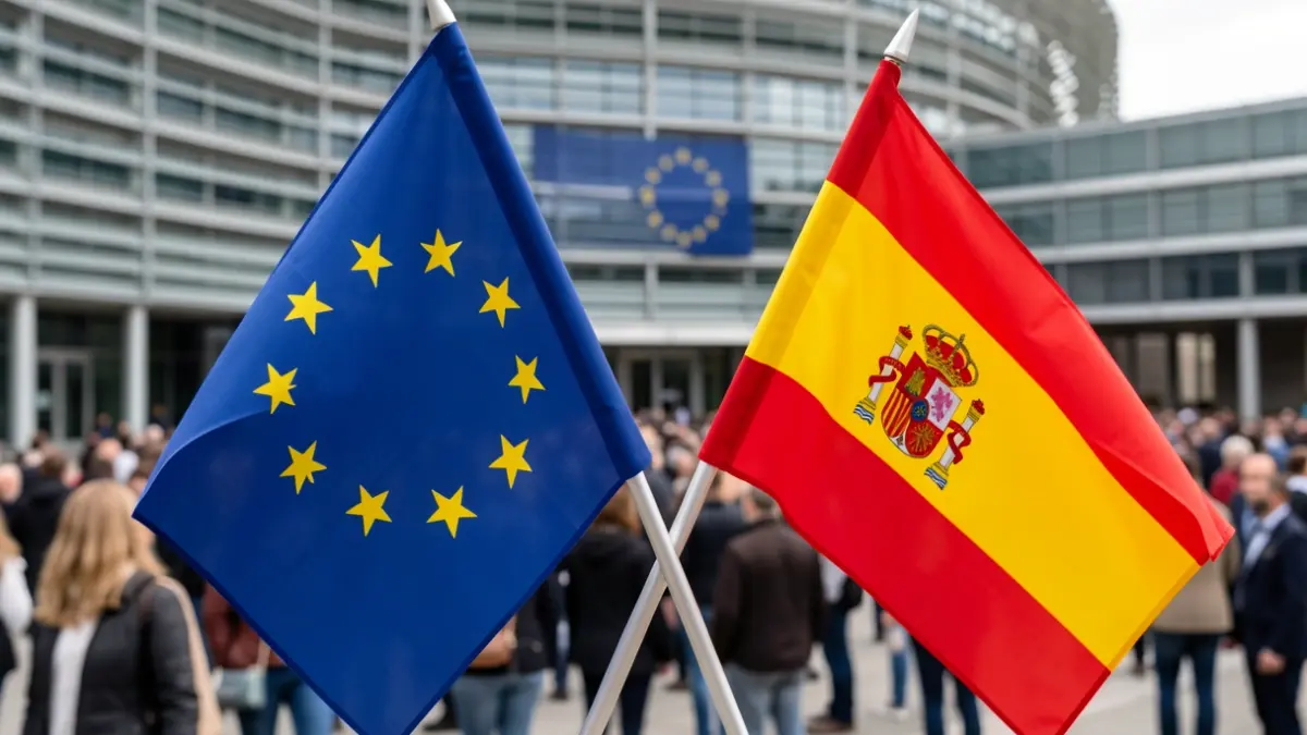 Banderas de la Unión Europea y España entrelazadas con el Parlamento Europeo de fondo.