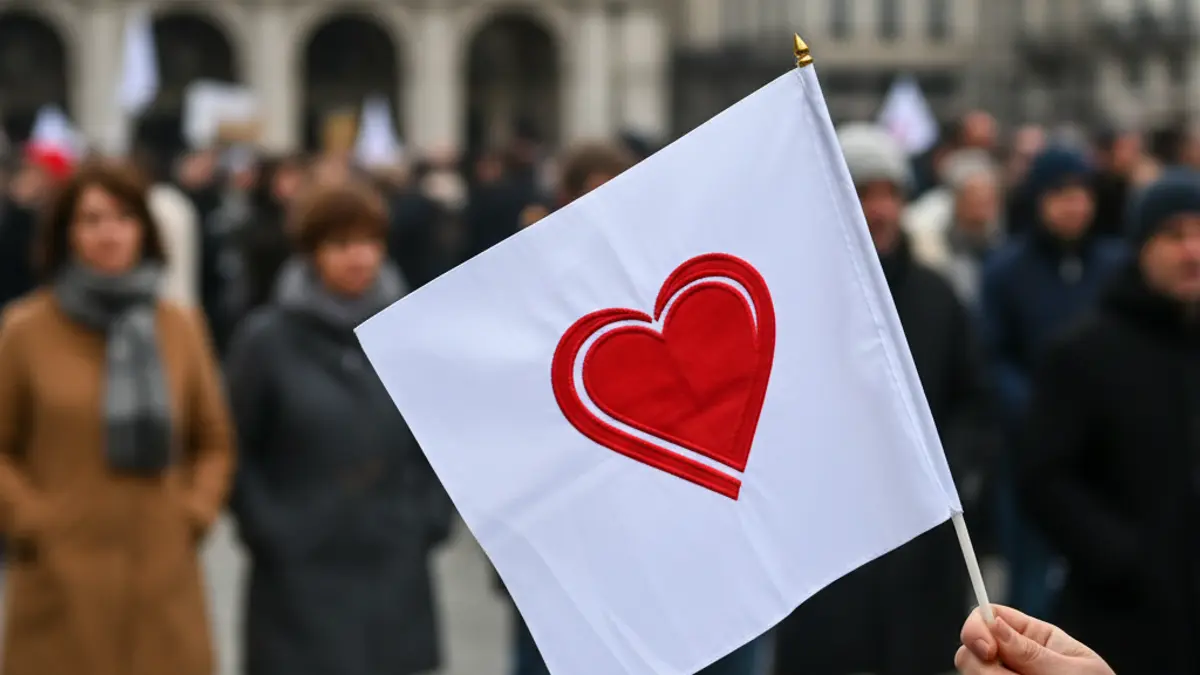 Imagen de una bandera blanca con un corazón rojo, simbolizando paz y movilización social.