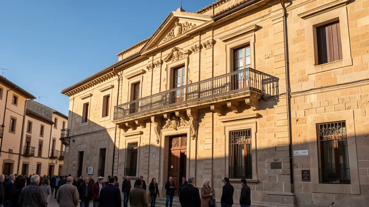 Facade of the Fresno de Torote town hall with balcony and iron railings, warm afternoon light.