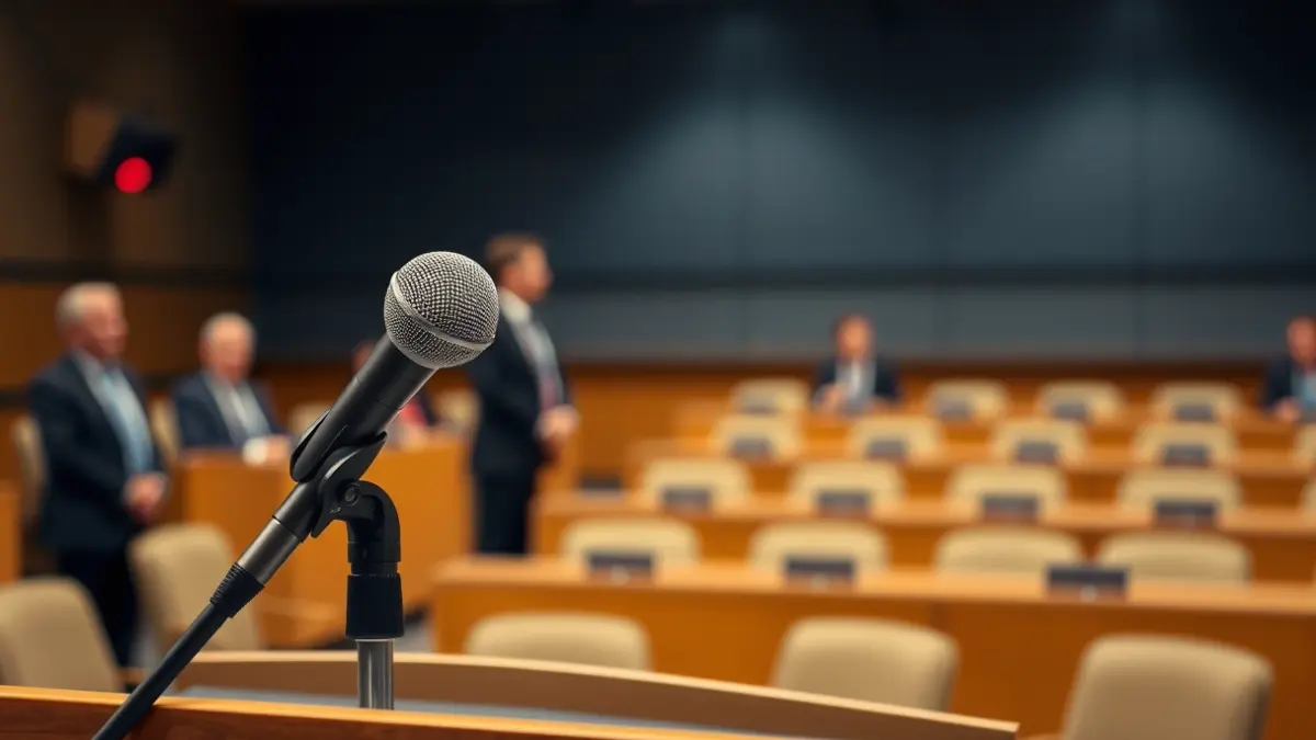 Generic image of a microphone on a podium, symbolizing a debate or official meeting.
