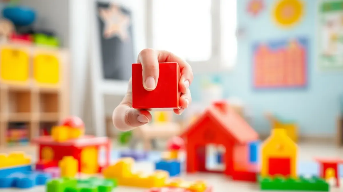 Imagen genérica de una mano de niño pequeño con un bloque de construcción en un aula infantil.