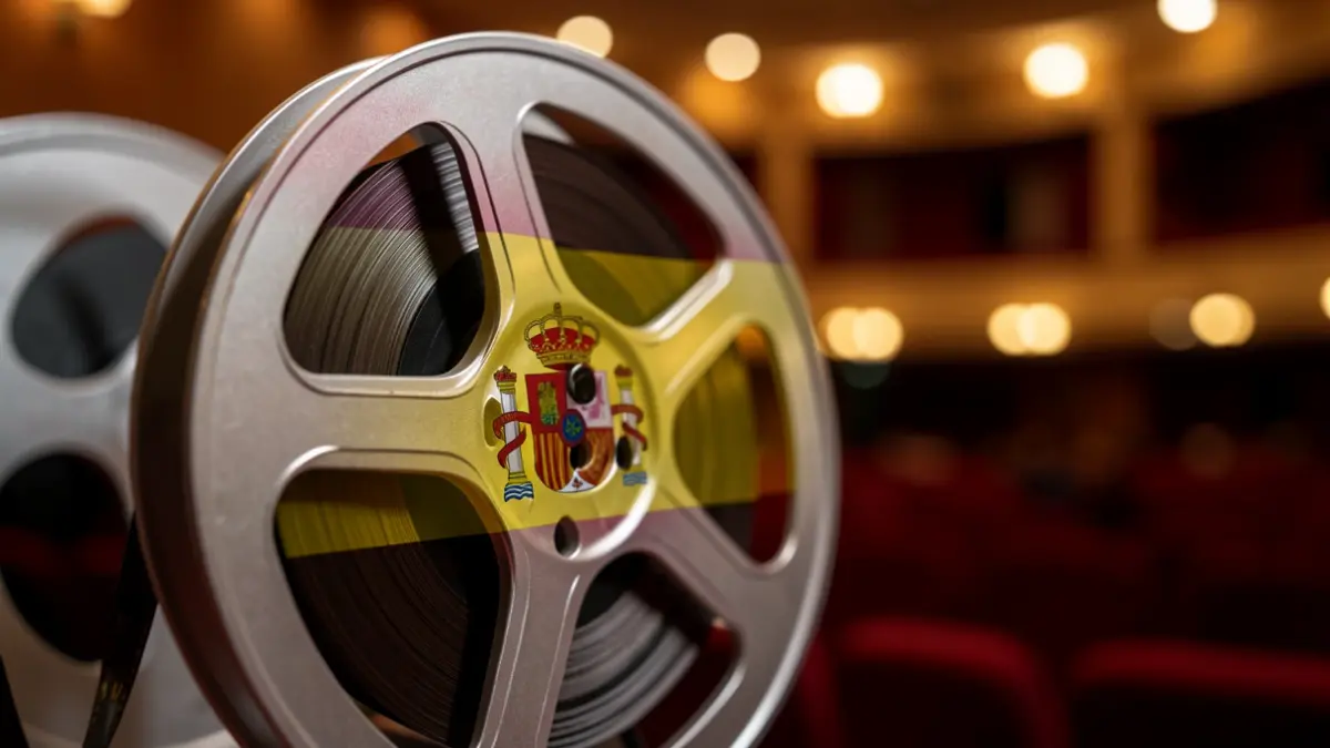 Close-up of a film reel with the Spanish flag subtly integrated, against a blurred background of a cinema interior with warm lighting.