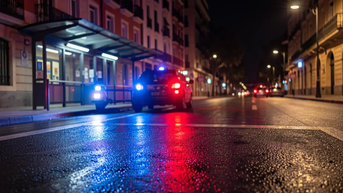 Imagen genérica de luces de emergencia reflejándose en el asfalto mojado cerca de una entrada de metro en Madrid.