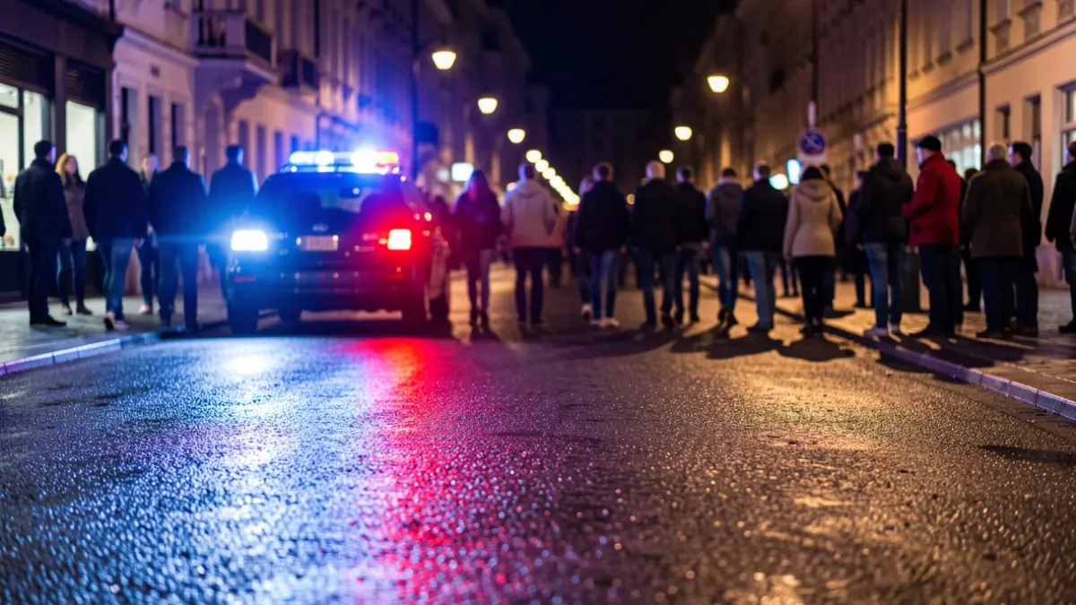 Imagen genérica de luces de emergencia policiales reflejándose en el asfalto mojado por la noche.