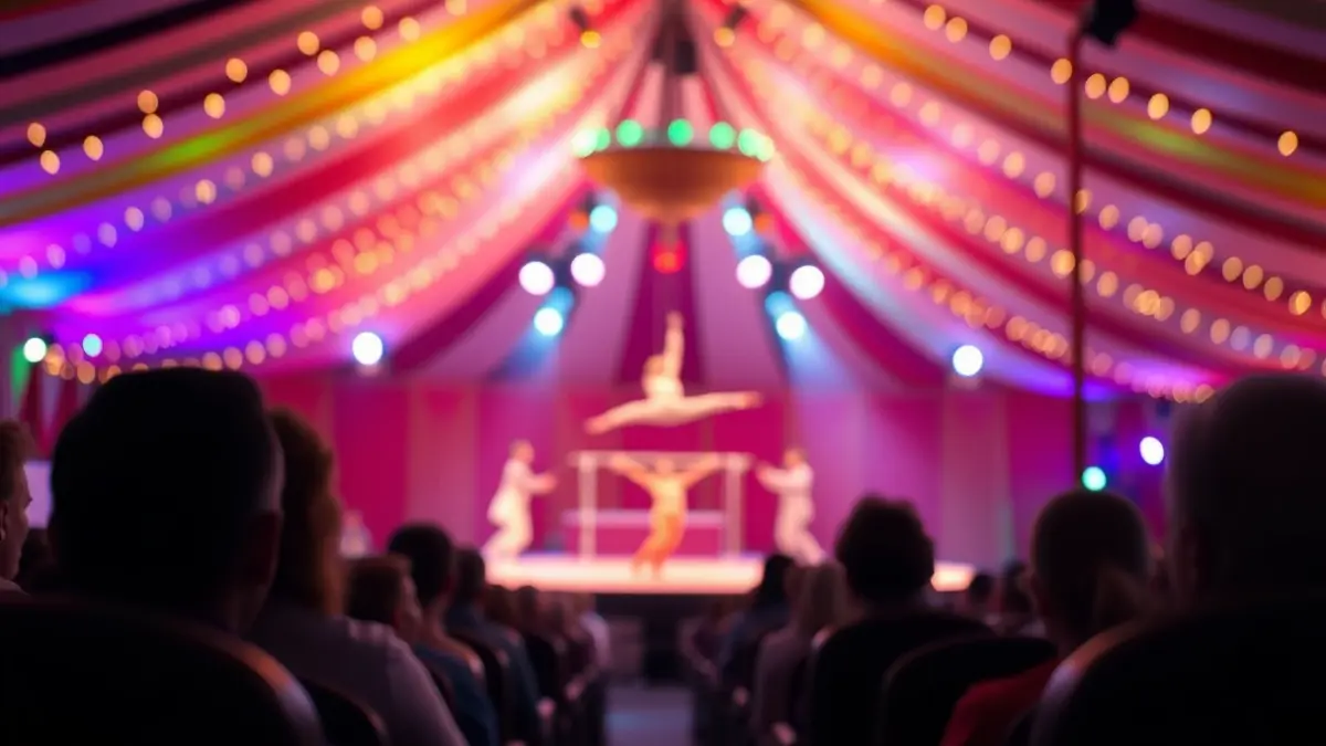 Imagen genérica de un espectáculo de circo con luces y artistas en la distancia.