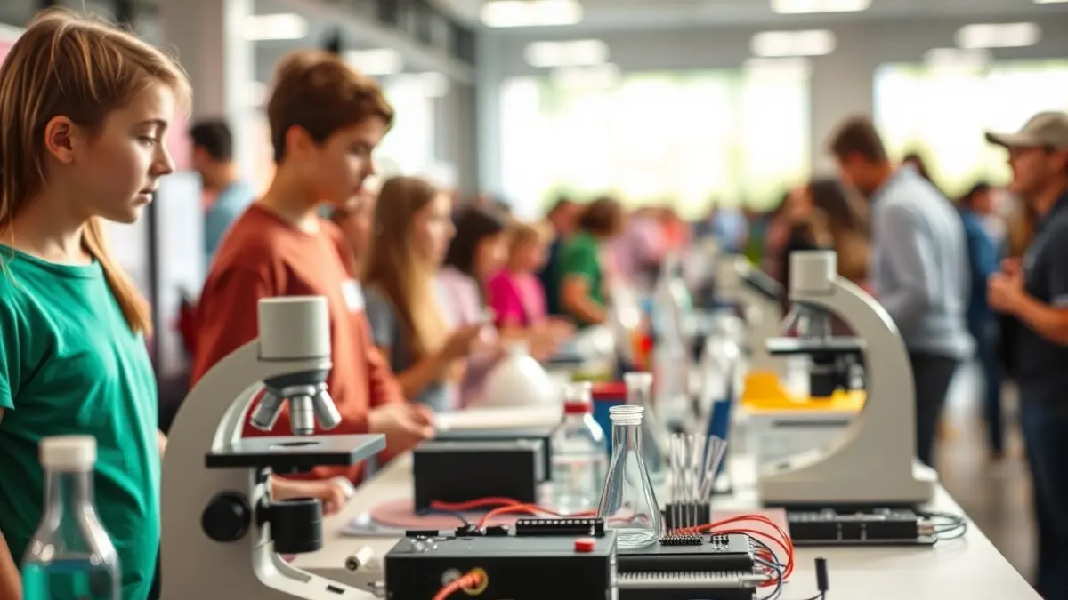 Imagen genérica de una feria de ciencia escolar con proyectos y estudiantes.