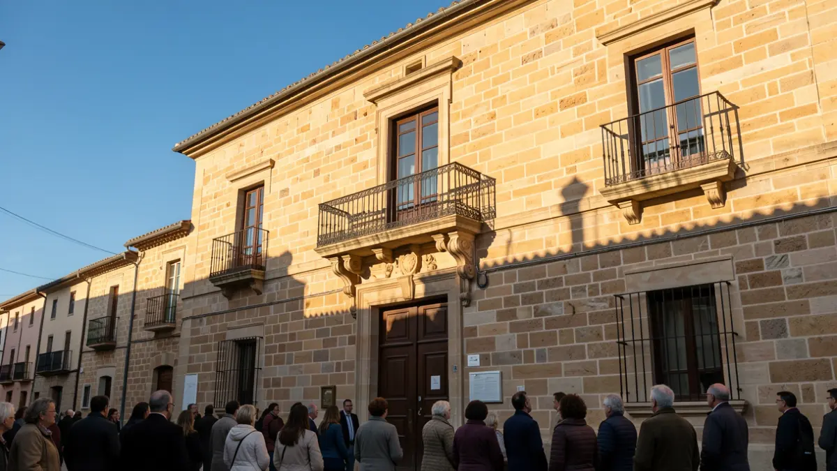 Facade of the Galapagar Town Hall with balcony and iron railings, under the afternoon sunlight.