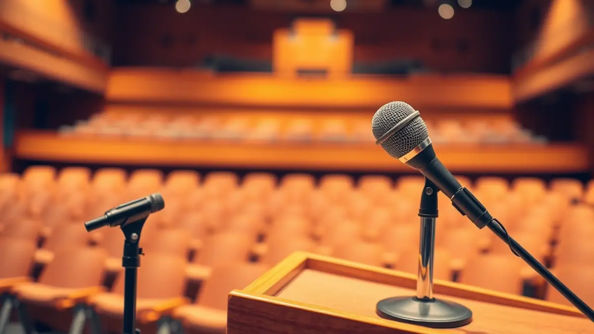 Imagen genérica de un micrófono en un podio, simbolizando la oratoria y la educación.