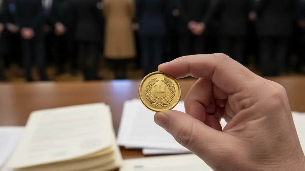 Generic image of a hand holding a golden seal or medal, symbolizing recognition for transparency.