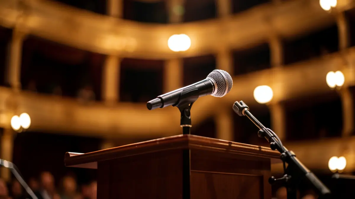Generic image of a microphone on a theater stage.