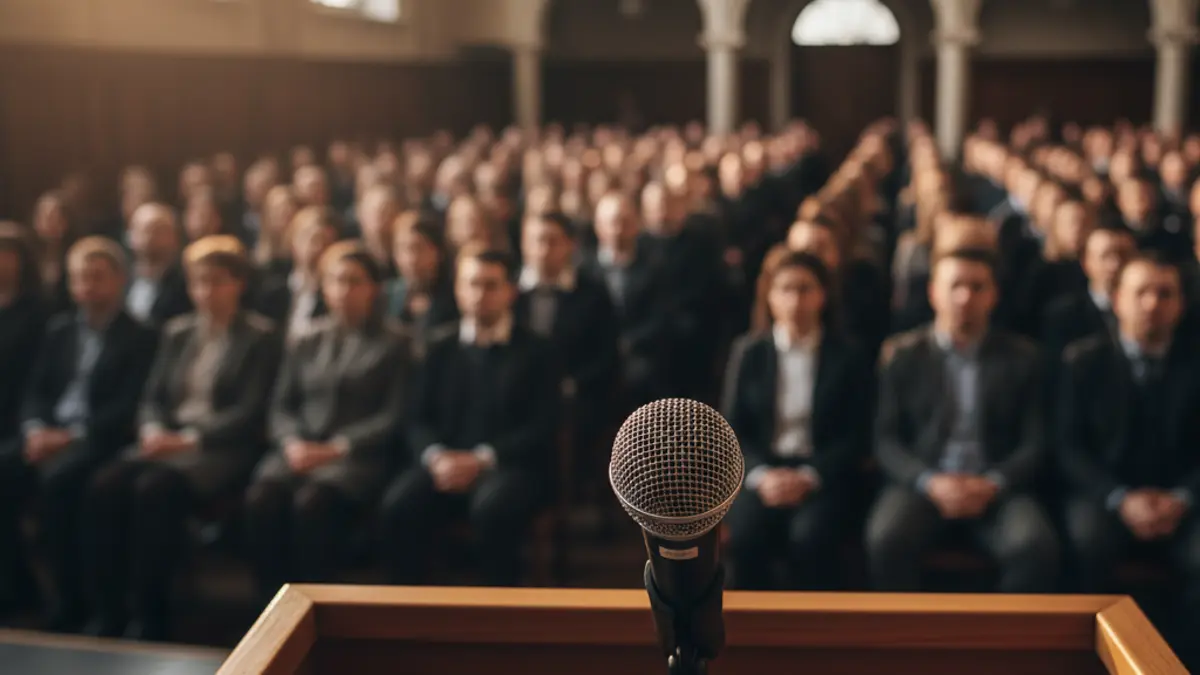 Generic image of a microphone on a podium, symbolizing a public event or conference.